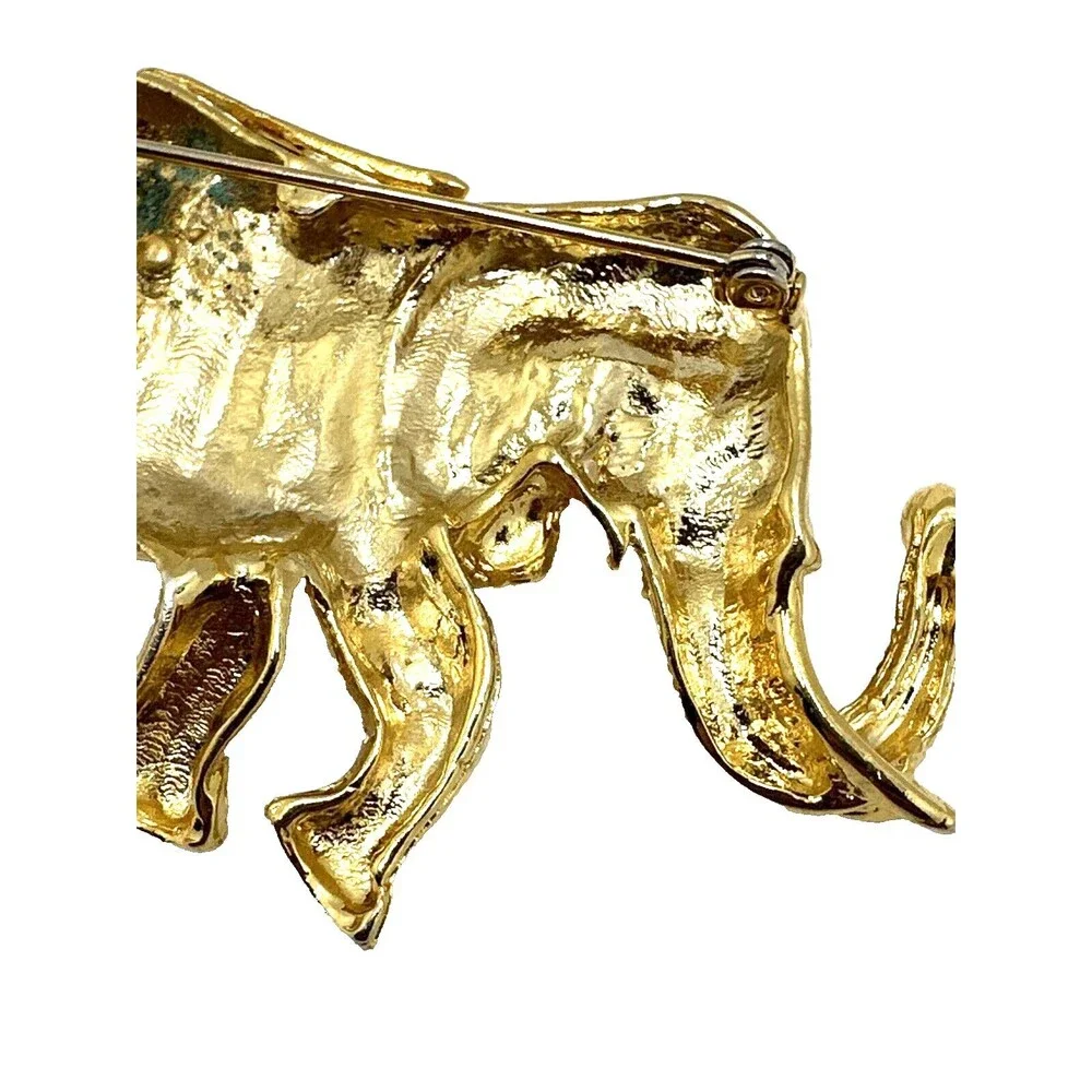 Vintage Indian Elephant Brooch Diamond Pattern Green Enamel Gold Tone Pin 3
